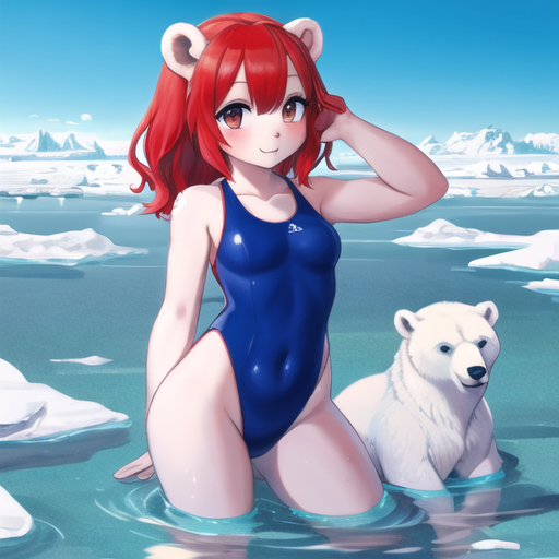 A_girl_in_a_red_one_piece_swimsuit_in_the_water_among_ice_floes_with_polar_bears_4187241483.png