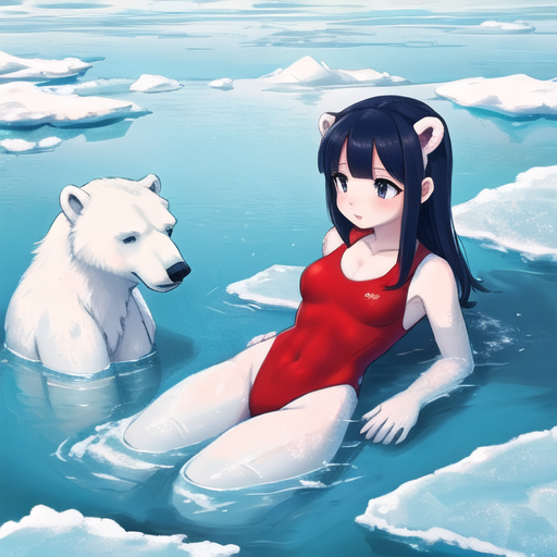 A_girl_in_a_red_one_piece_swimsuit_in_the_water_among_ice_floes_with_polar_bears_1855755657.png
