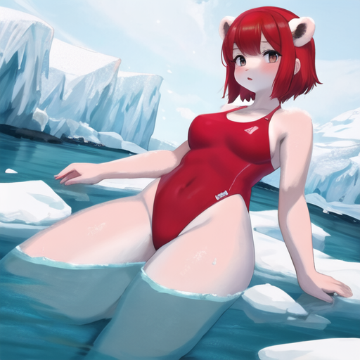 A_girl_in_a_red_one_piece_swimsuit_in_the_water_among_ice_floes_with_polar_bears_2573993471.png