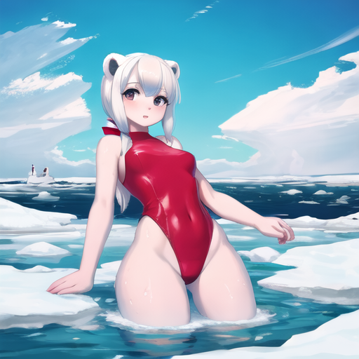 A_girl_in_a_red_one_piece_swimsuit_in_the_water_among_ice_floes_with_polar_bears_1830856886.png