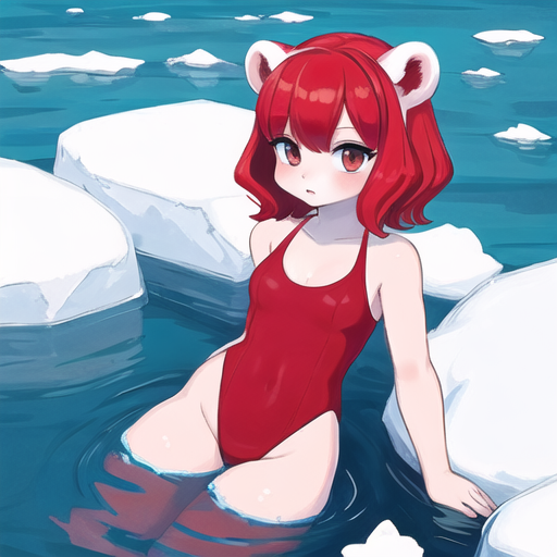 A_girl_in_a_red_one_piece_swimsuit_in_the_water_among_ice_floes_with_polar_bears_1317689965.png