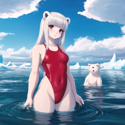 A_girl_in_a_red_one_piece_swimsuit_in_the_water_among_ice_floes_with_polar_bears_38393424.png