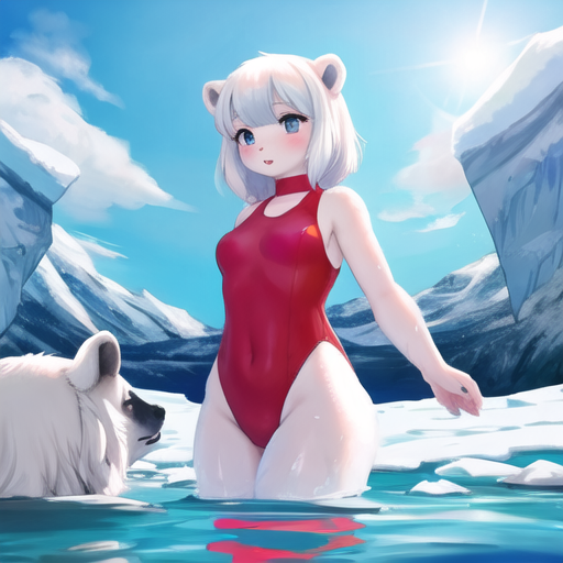 A_girl_in_a_red_one_piece_swimsuit_in_the_water_among_ice_floes_with_polar_bears_1409422699.png