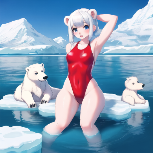 A_girl_in_a_red_one_piece_swimsuit_in_the_water_among_ice_floes_with_polar_bears_847136373.png