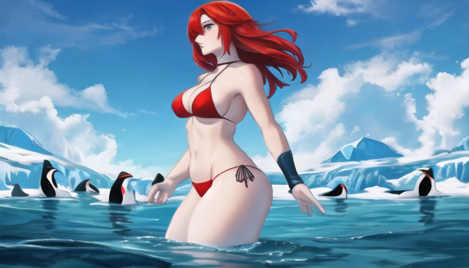 A_girl_with_red_hair_in_a_blue_bikini_in_the_water_among_the_ice_floes_with_penguins_1678828732.png