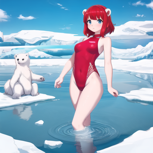 A_girl_in_a_red_one_piece_swimsuit_in_the_water_among_ice_floes_with_polar_bears_3263157690.png